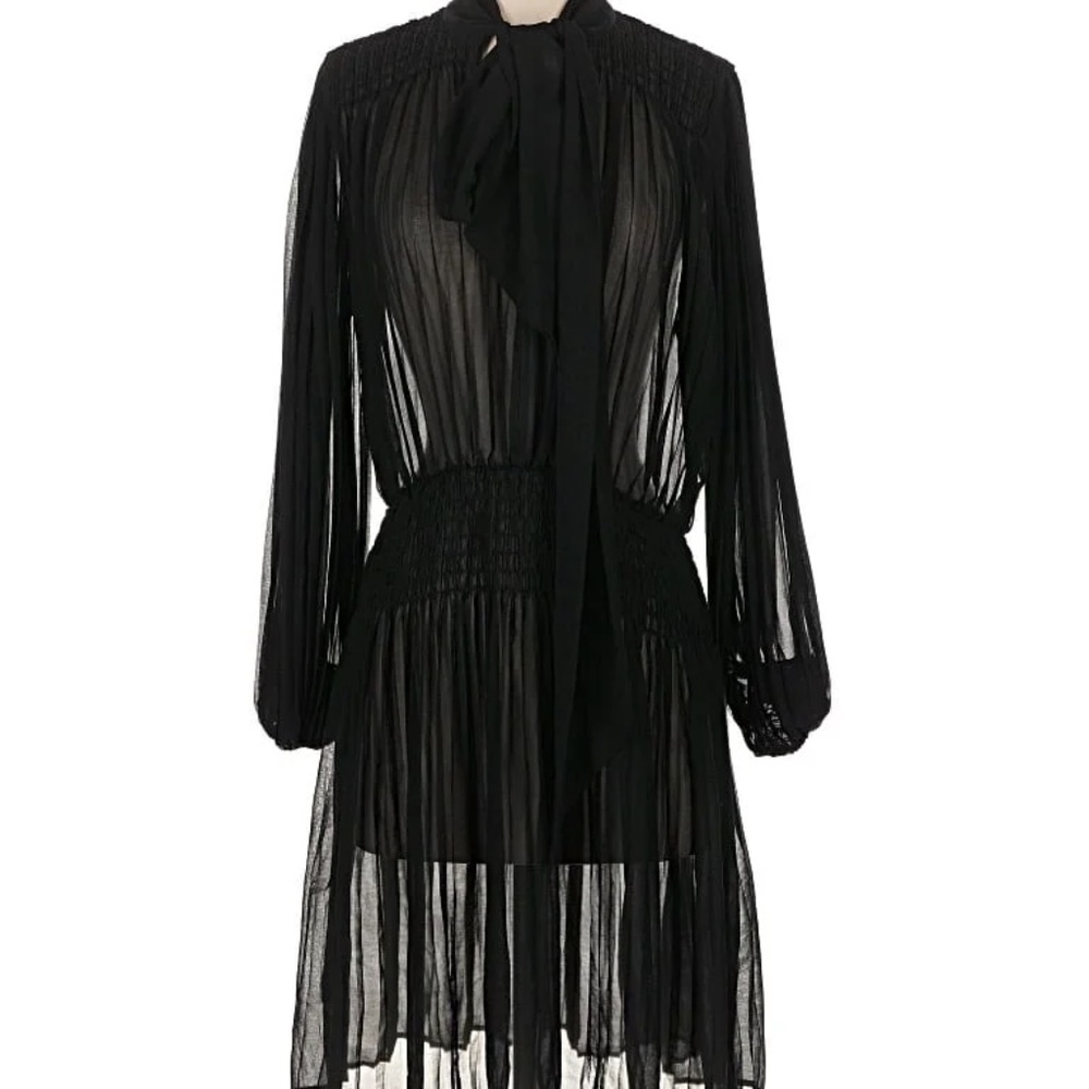 Banana Republic Black Long Sleeve Sheer Tie-Neck Dress